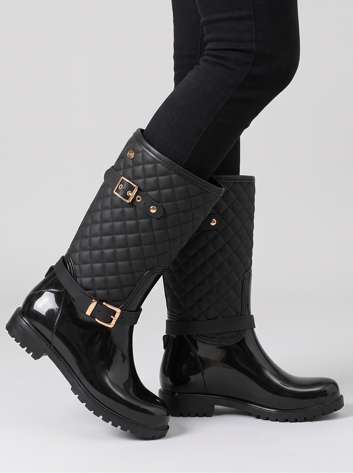 Women's Quilted Wellington Boots – Black Buckle Wellies
