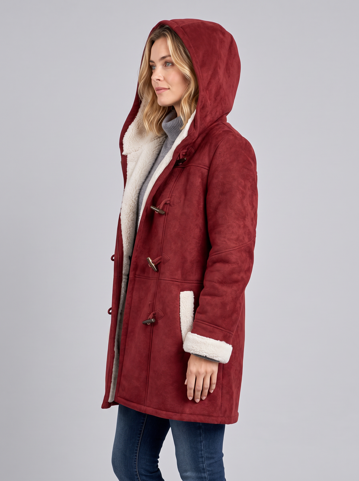 Women's Hooded Duffle Coat – Toggle Fastening Sherpa-Lined Coat