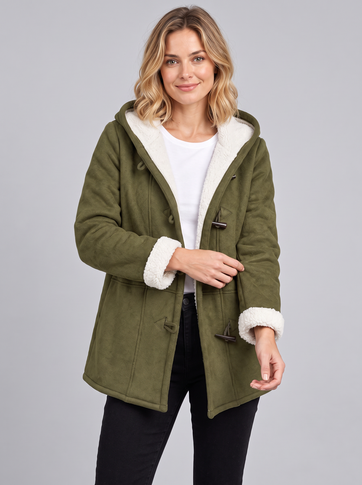 Women's Hooded Duffle Coat – Toggle Fastening Sherpa-Lined Coat
