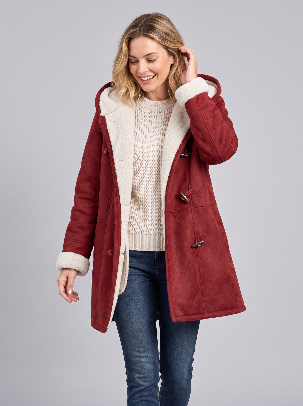 Women's Hooded Duffle Coat – Toggle Fastening Sherpa-Lined Coat