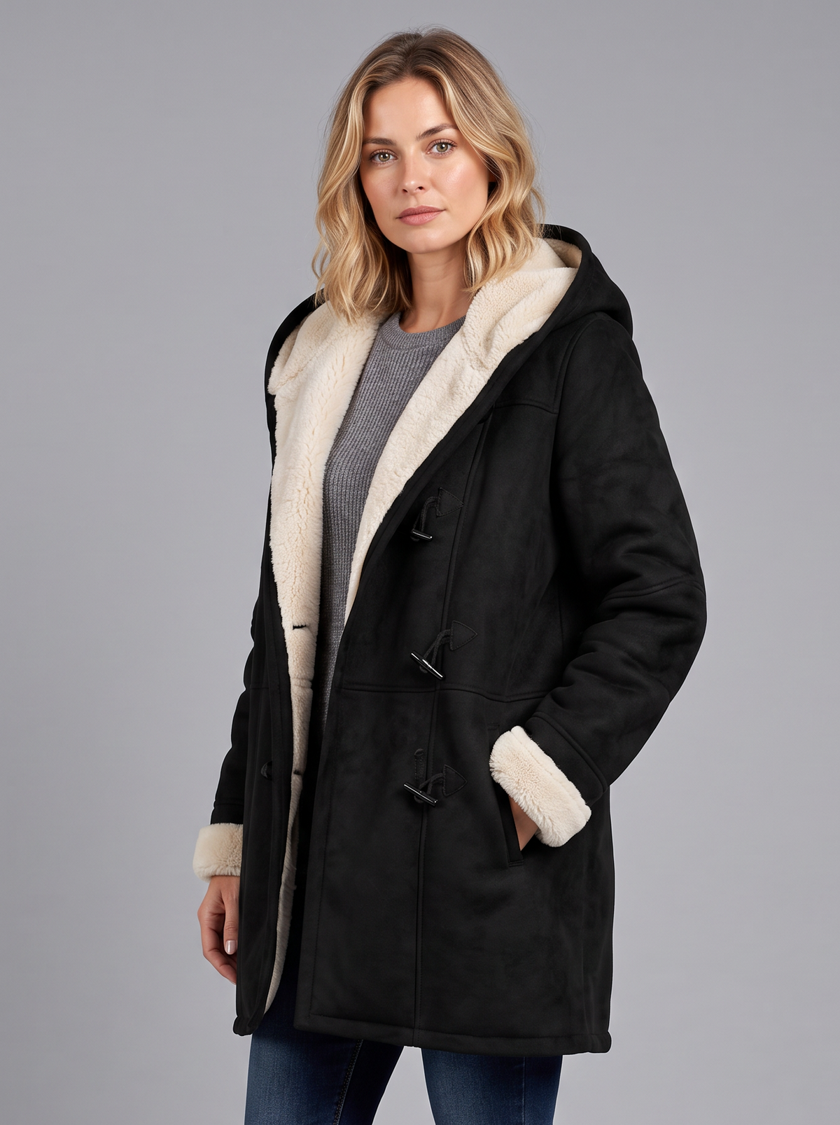 Women's Hooded Duffle Coat – Toggle Fastening Sherpa-Lined Coat