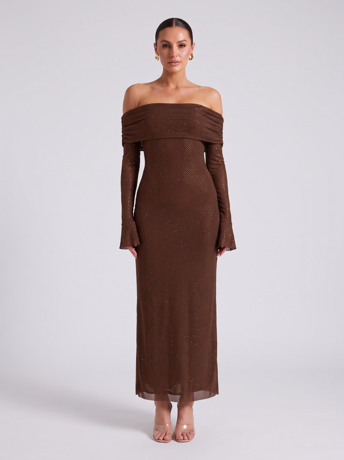 Women's Chocolate Brown Sequin Bardot Maxi Dress – Long Sleeve Ball Gown