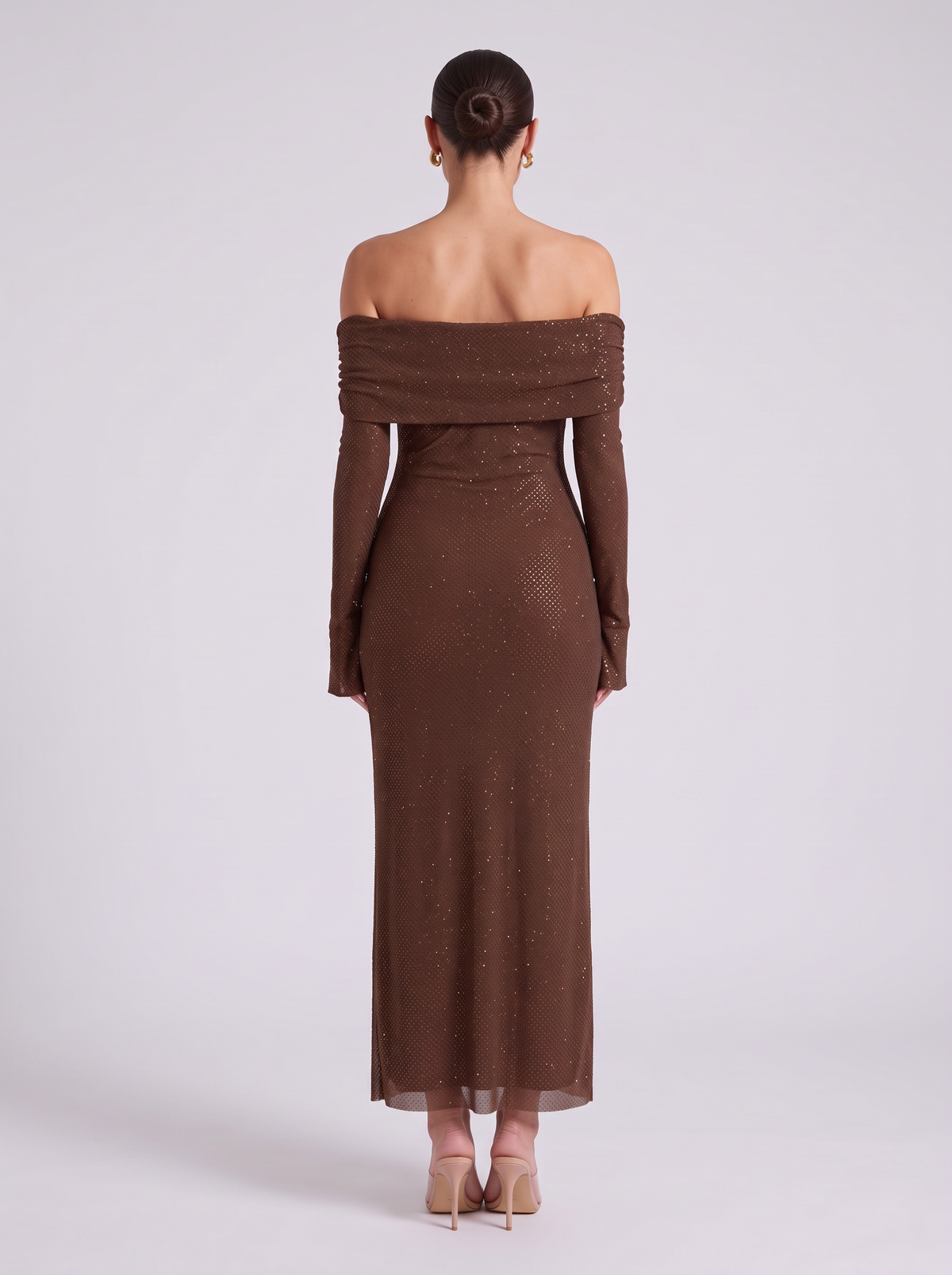 Women's Chocolate Brown Sequin Bardot Maxi Dress – Long Sleeve Ball Gown
