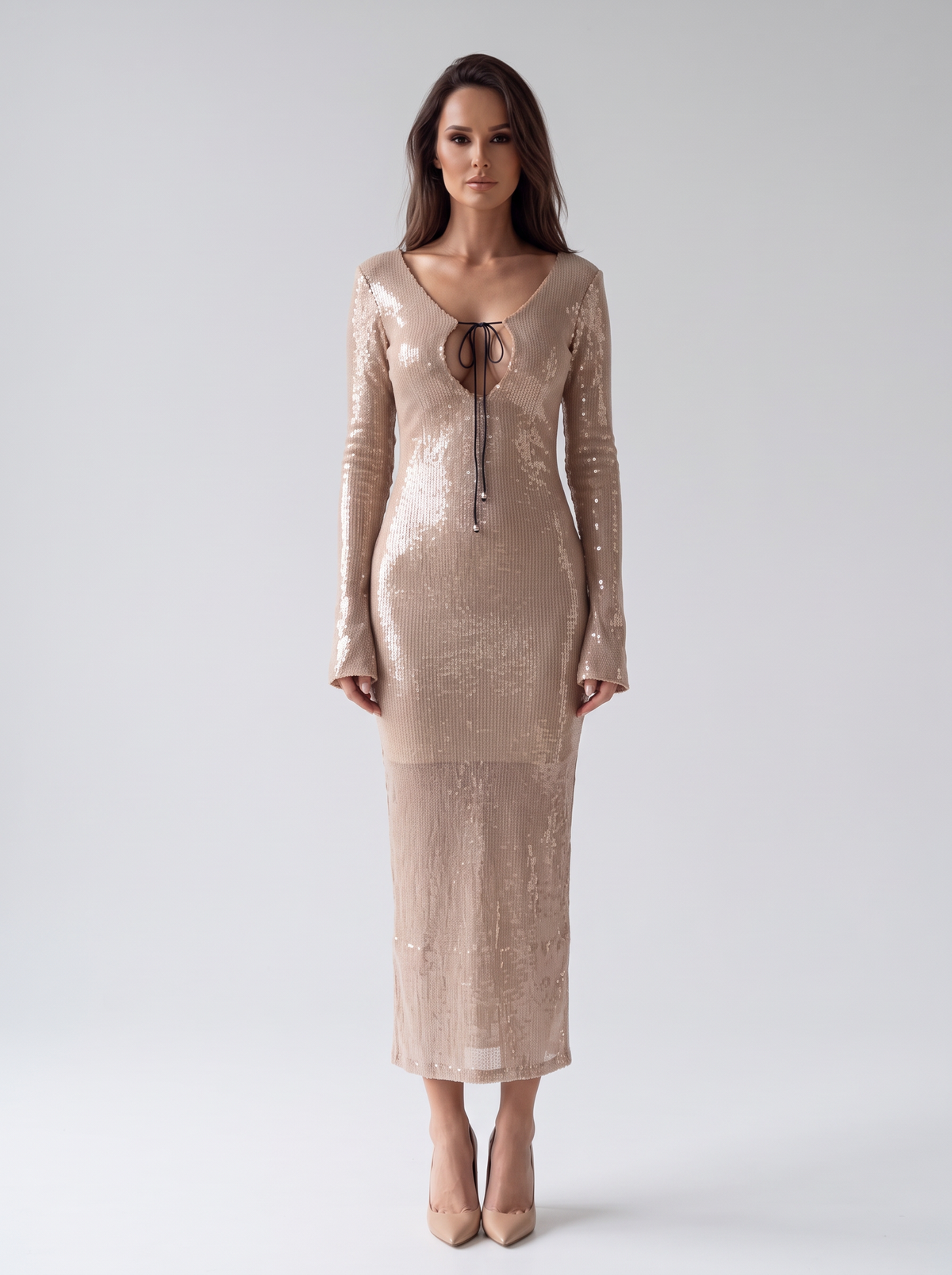 Women's Brown Sparkly Maxi Dress – Long Sleeve V Neck Evening Gown
