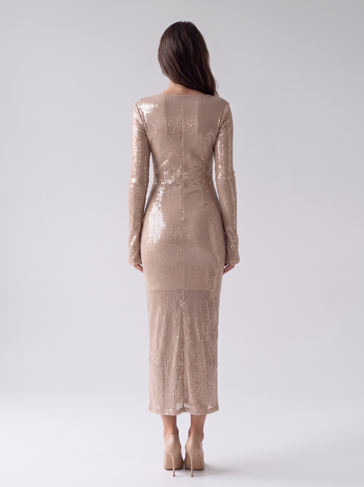 Women's Brown Sparkly Maxi Dress – Long Sleeve V Neck Evening Gown