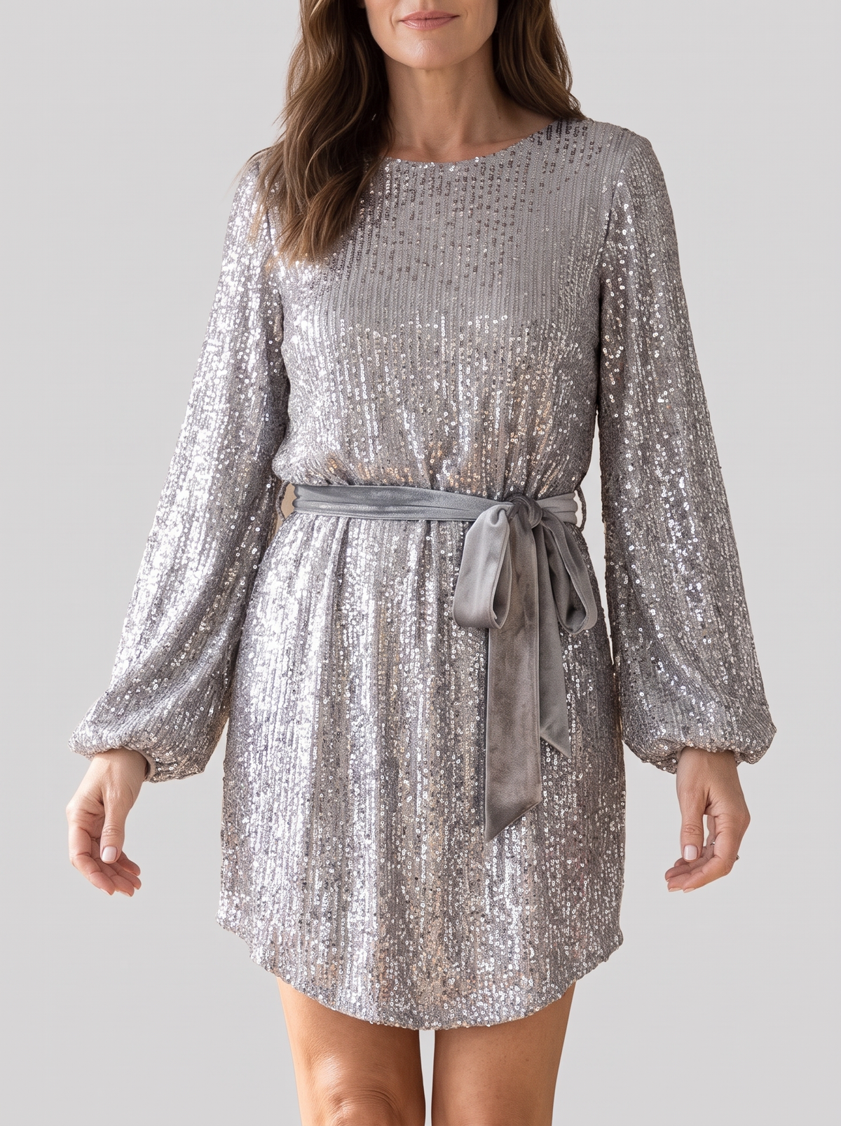 Women's Puff Sleeve Sparkly Party Dress – Belted Glitter Mini