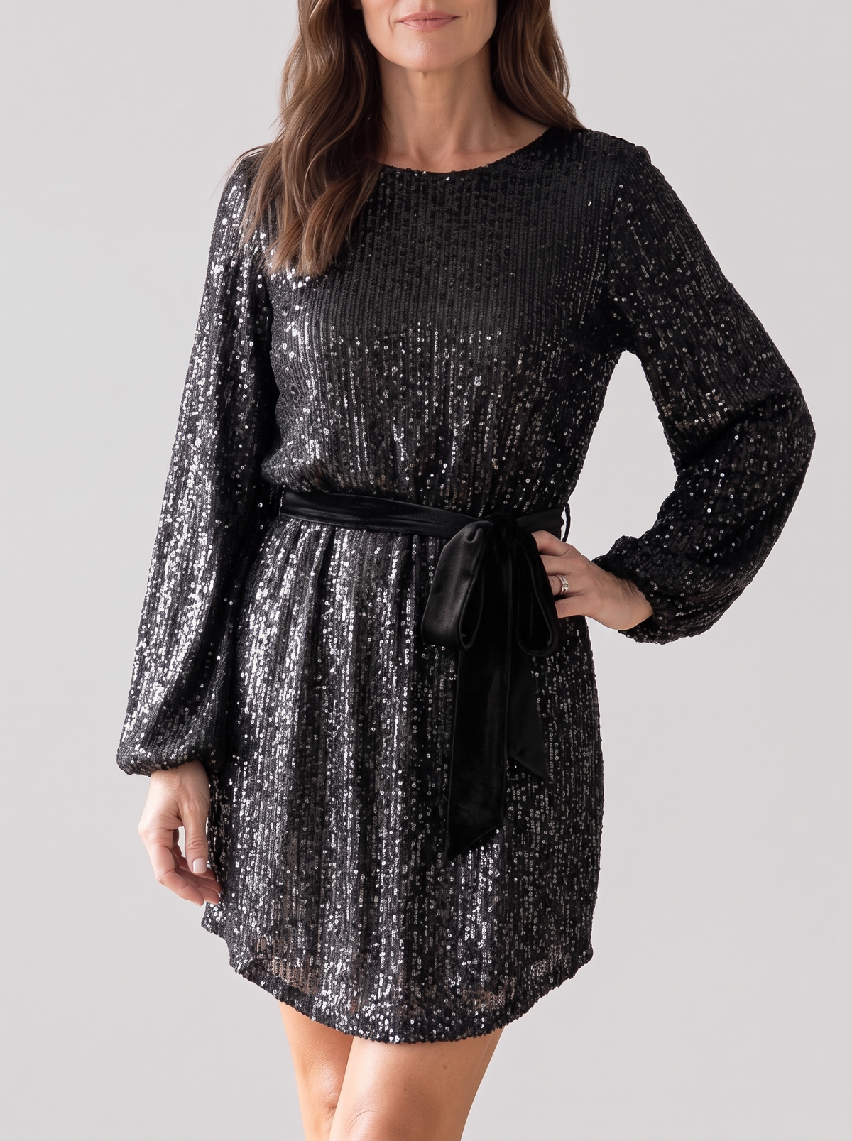 Women's Puff Sleeve Sparkly Party Dress – Belted Glitter Mini