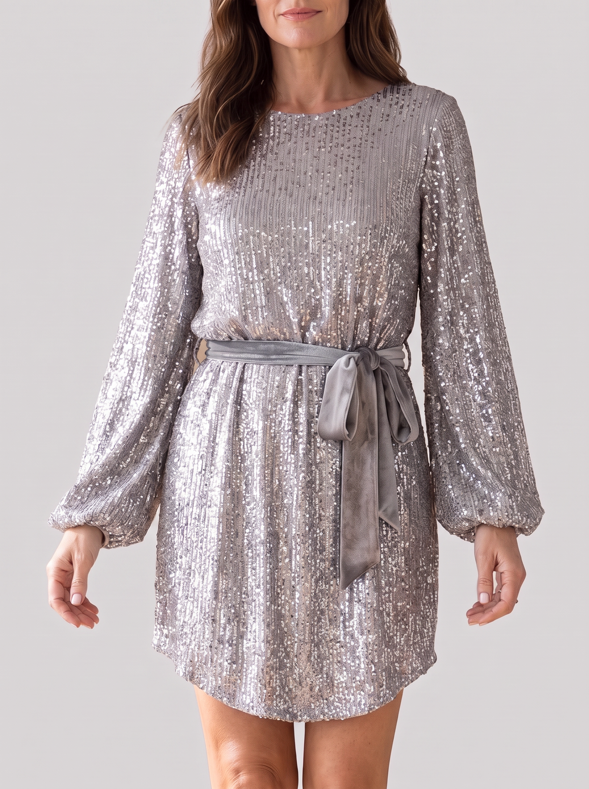 Women's Puff Sleeve Sparkly Party Dress – Belted Glitter Mini