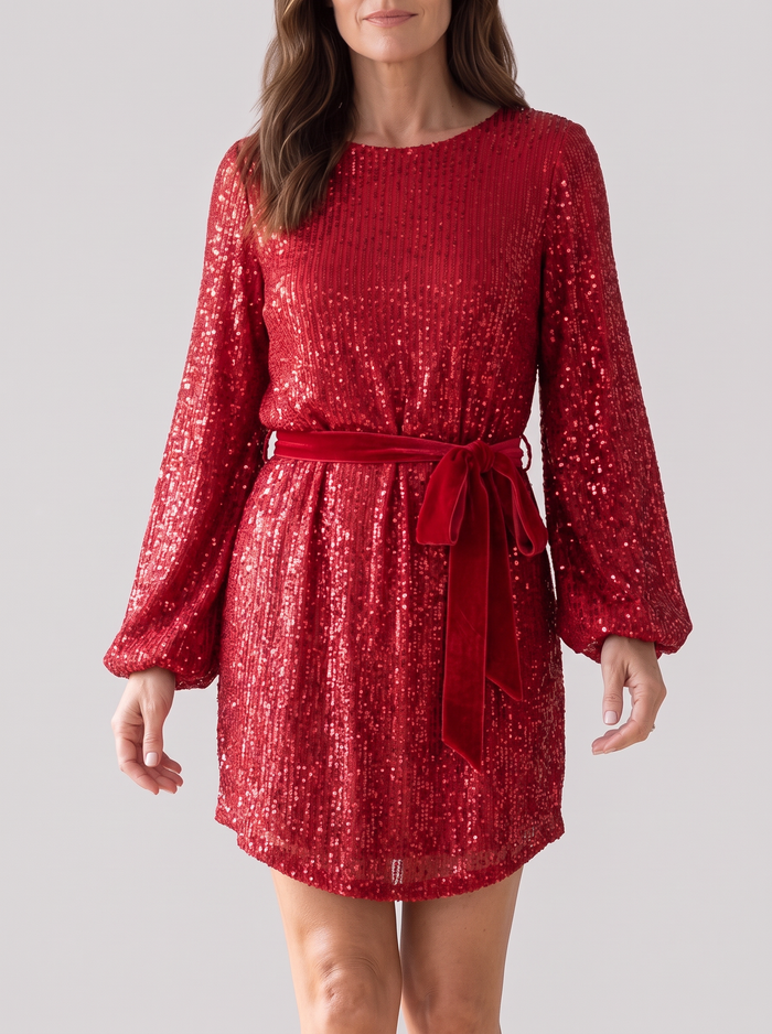 Women's Puff Sleeve Sparkly Party Dress – Belted Glitter Mini