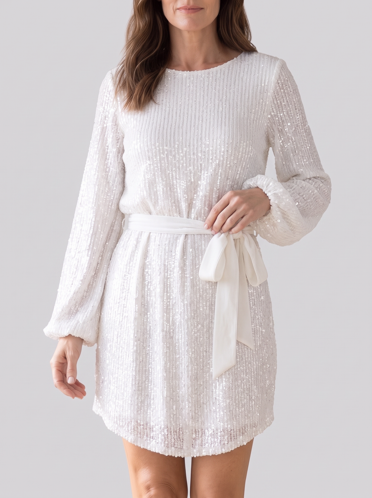 Women's Puff Sleeve Sparkly Party Dress – Belted Glitter Mini