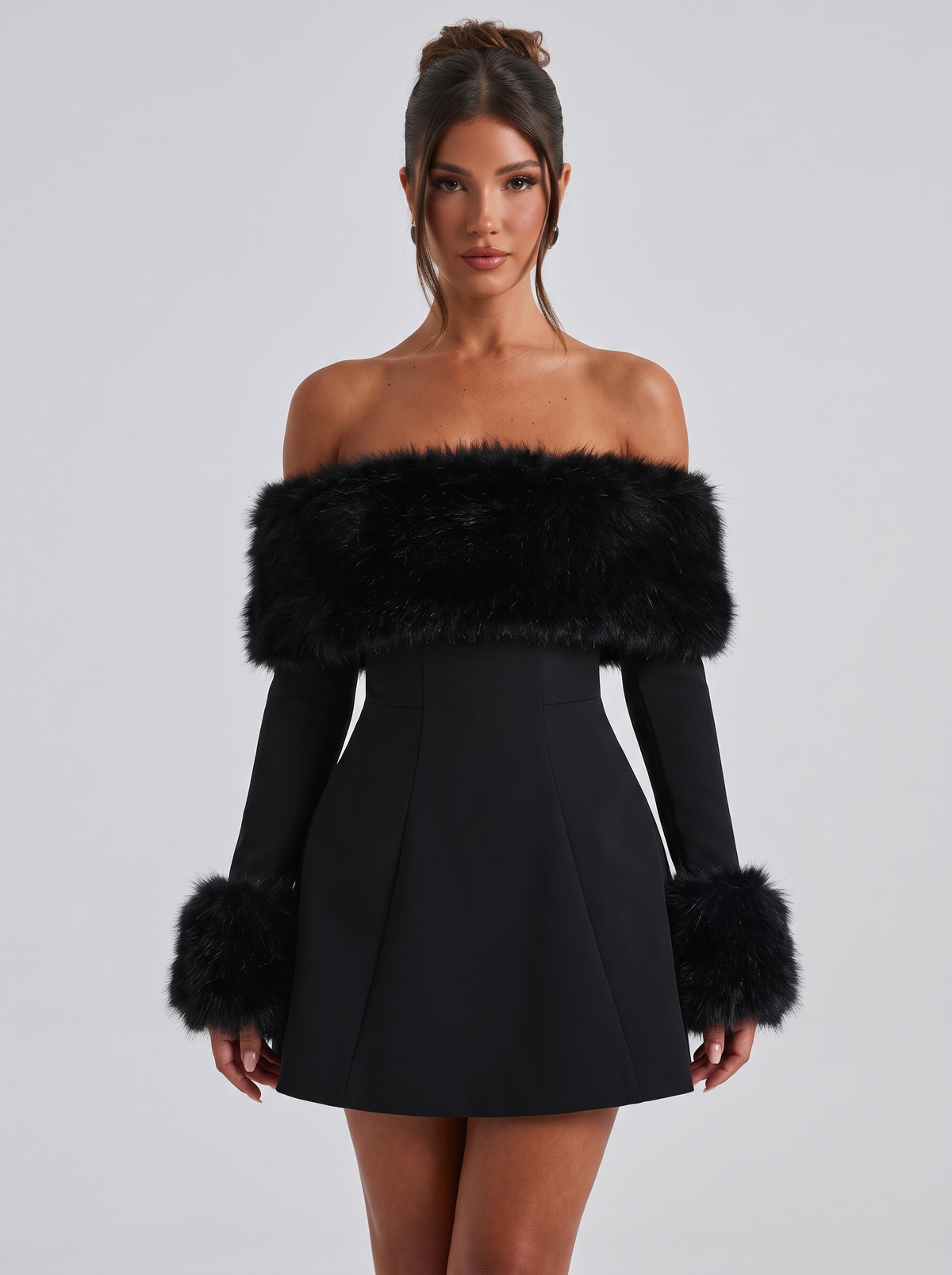 Women's Faux Fur Trim Bardot Dress – Black Long Sleeve Skater Mini