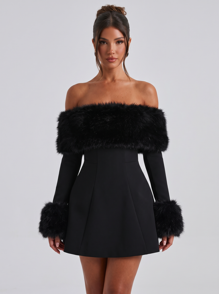 Women's Faux Fur Trim Bardot Dress – Black Long Sleeve Skater Mini
