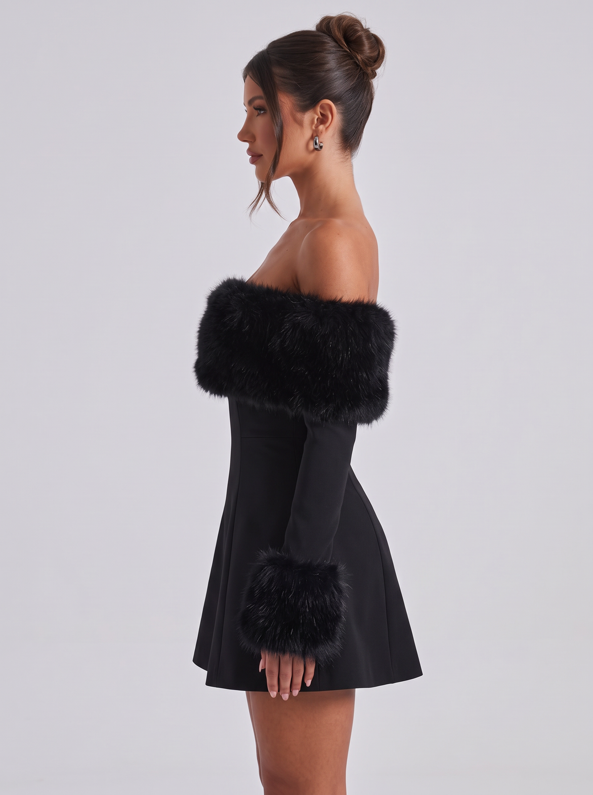 Women's Faux Fur Trim Bardot Dress – Black Long Sleeve Skater Mini