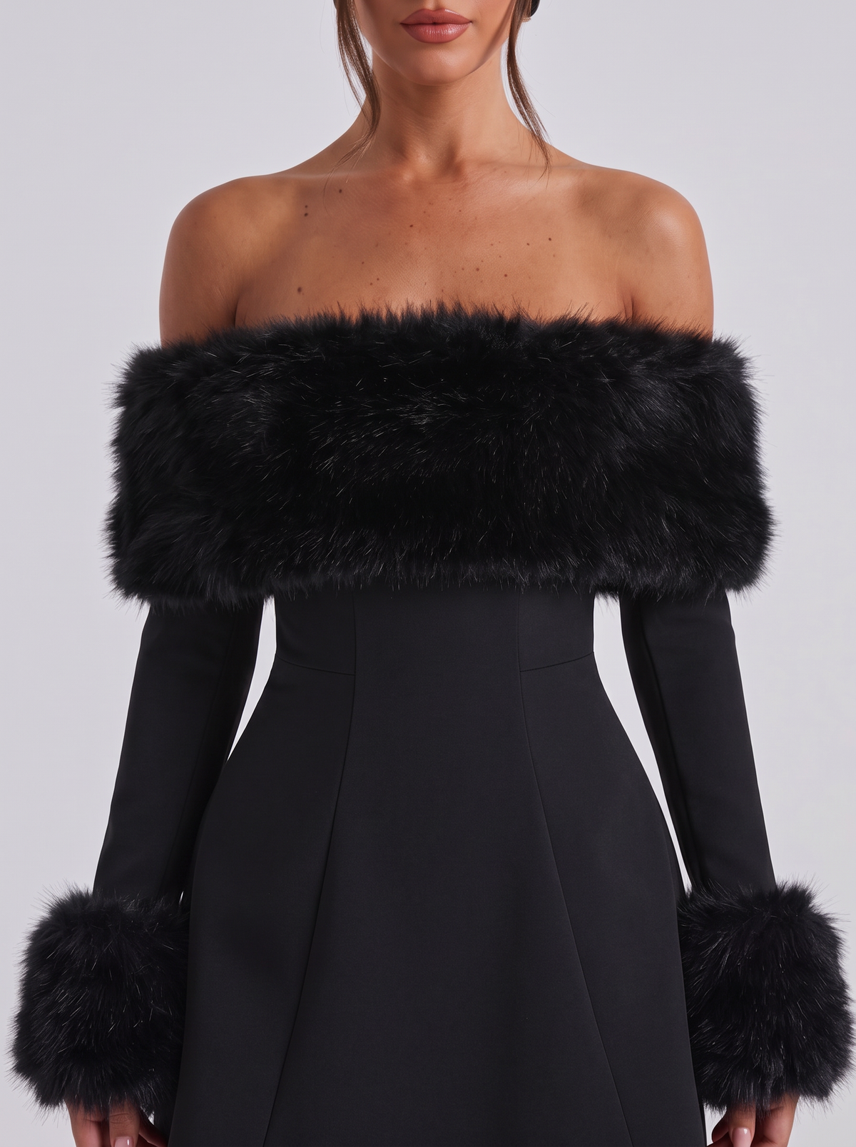 Women's Faux Fur Trim Bardot Dress – Black Long Sleeve Skater Mini