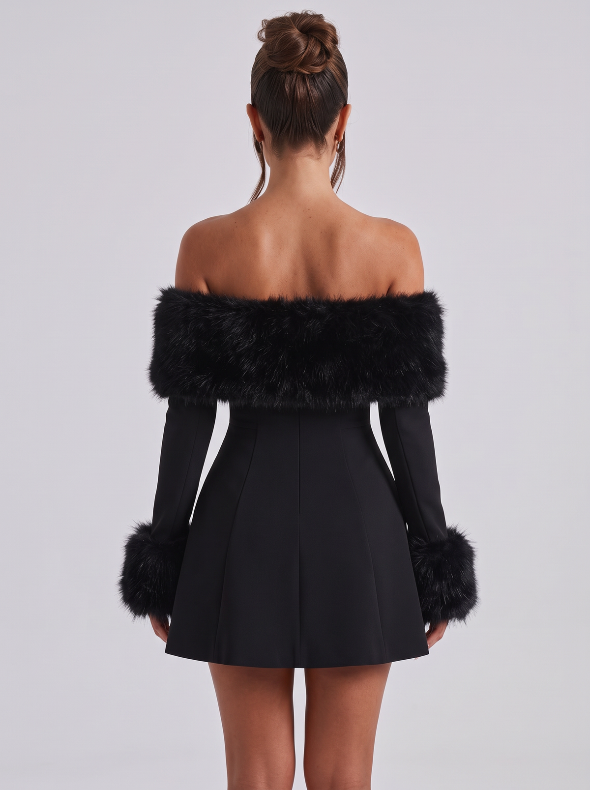 Women's Faux Fur Trim Bardot Dress – Black Long Sleeve Skater Mini
