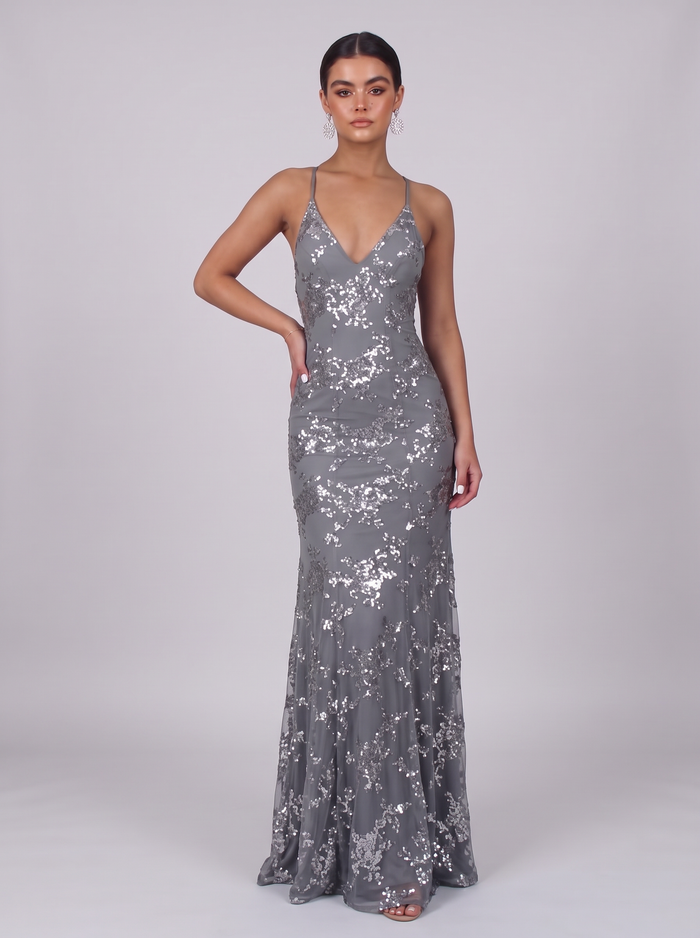 Women's Backless Sparkly Maxi Dress – V Neck Long Evening Gown