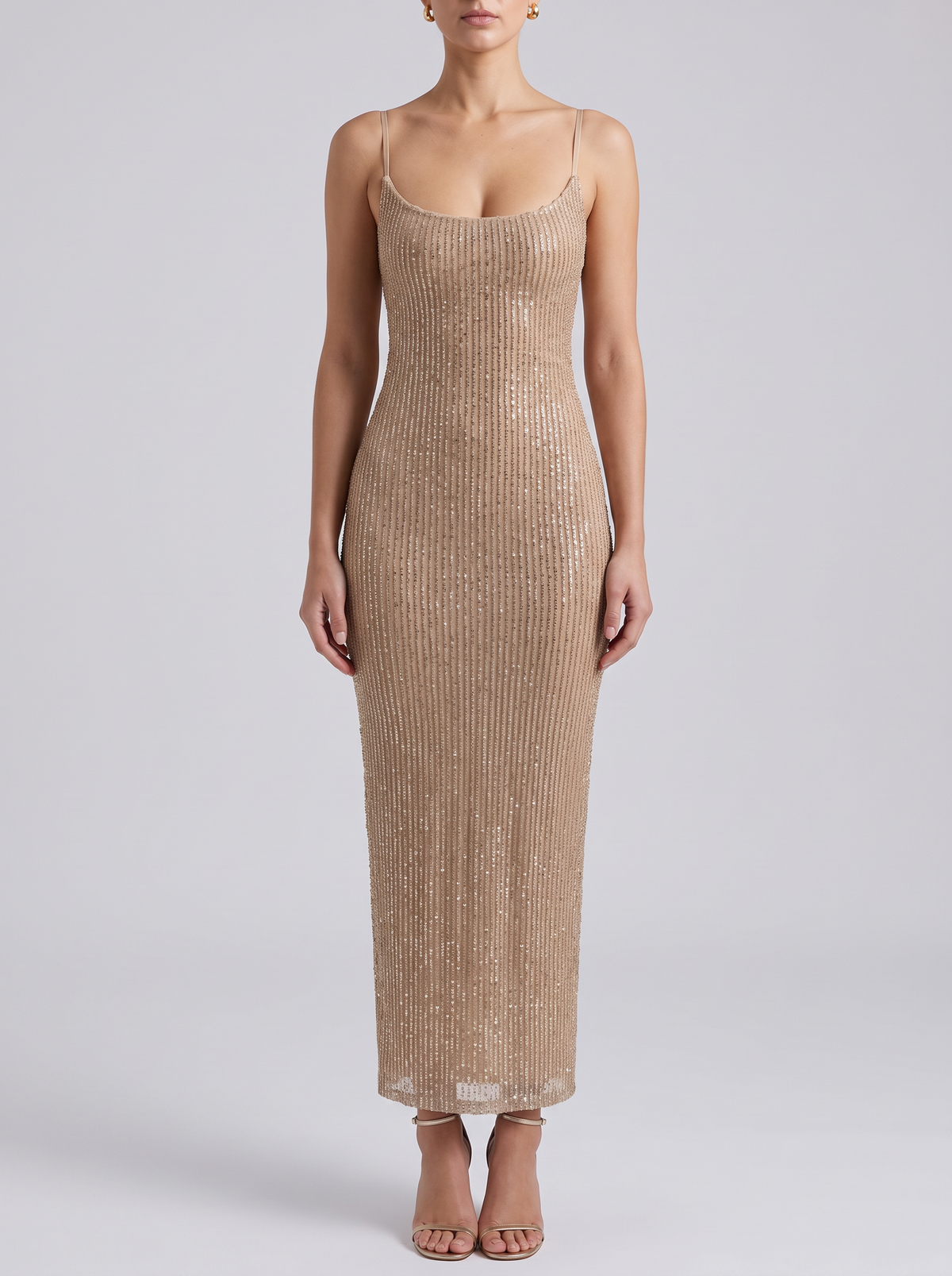 Women's Gold Sparkly Maxi Dress – Strappy Glitter Evening Gown