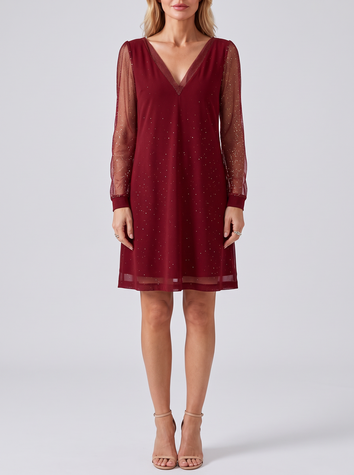 Women's Long Sleeve Glitter Party Dress – Sheer Sleeve V Neck Mini