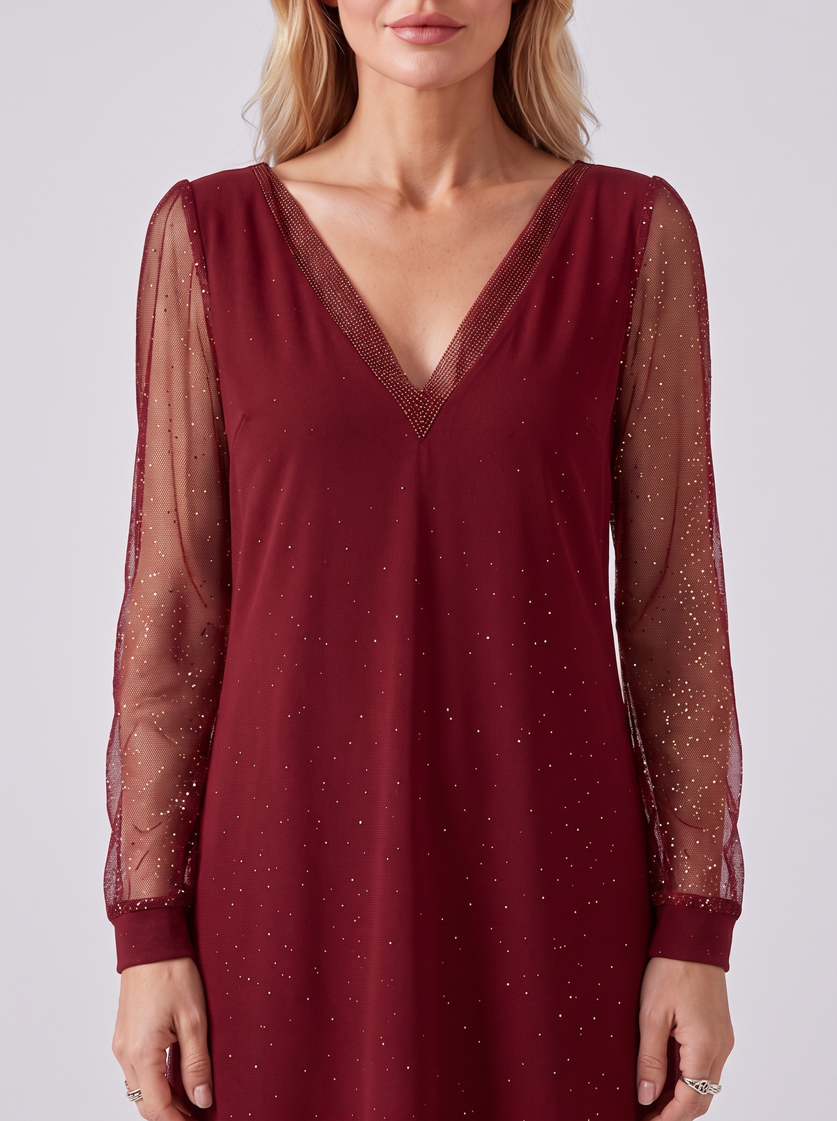 Women's Long Sleeve Glitter Party Dress – Sheer Sleeve V Neck Mini