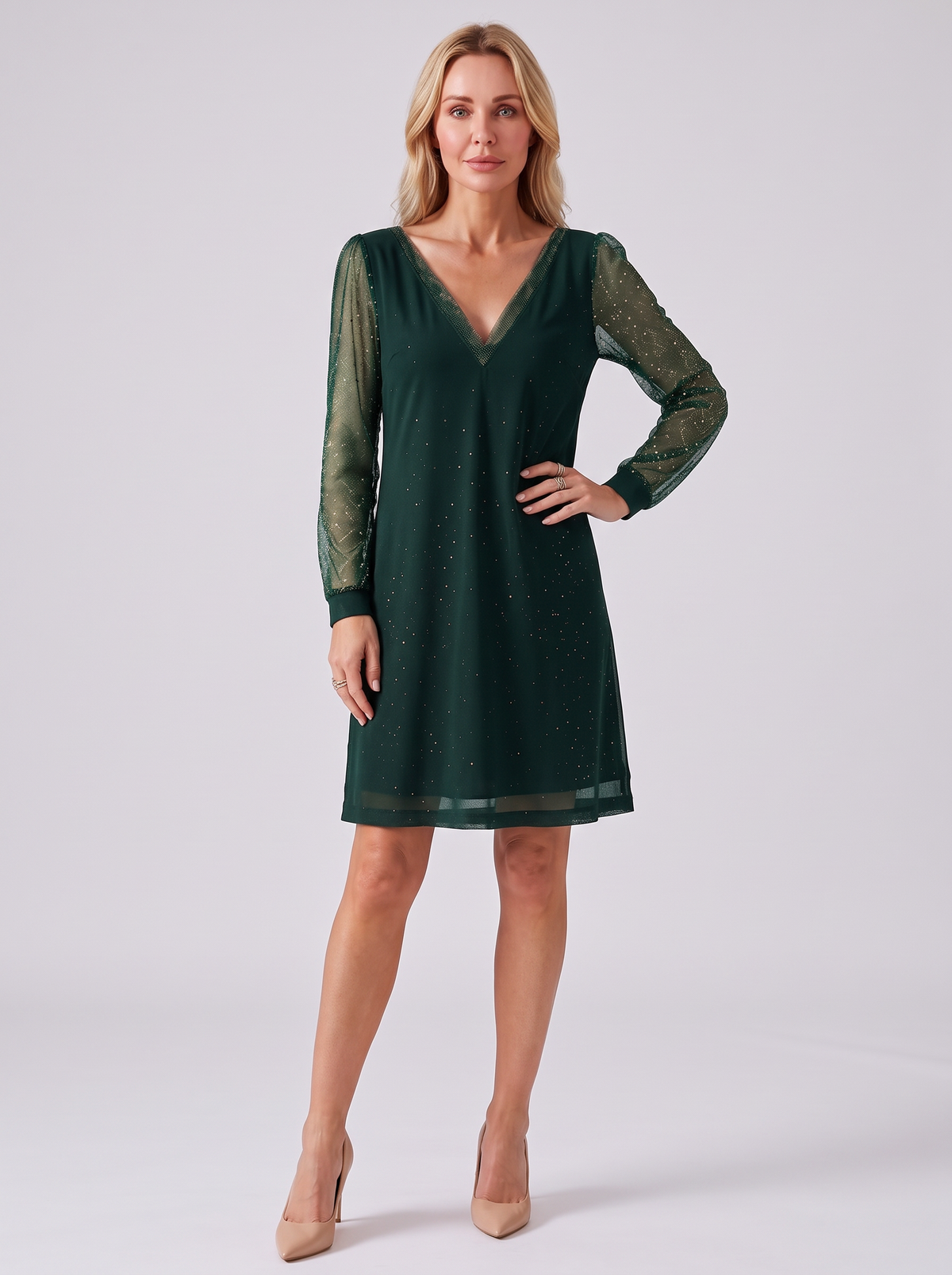 Women's Long Sleeve Glitter Party Dress – Sheer Sleeve V Neck Mini