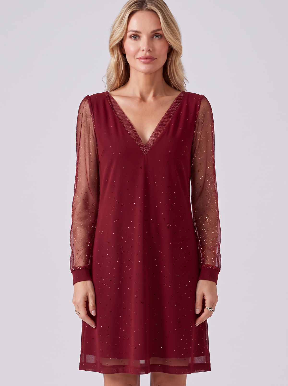 Women's Long Sleeve Glitter Party Dress – Sheer Sleeve V Neck Mini
