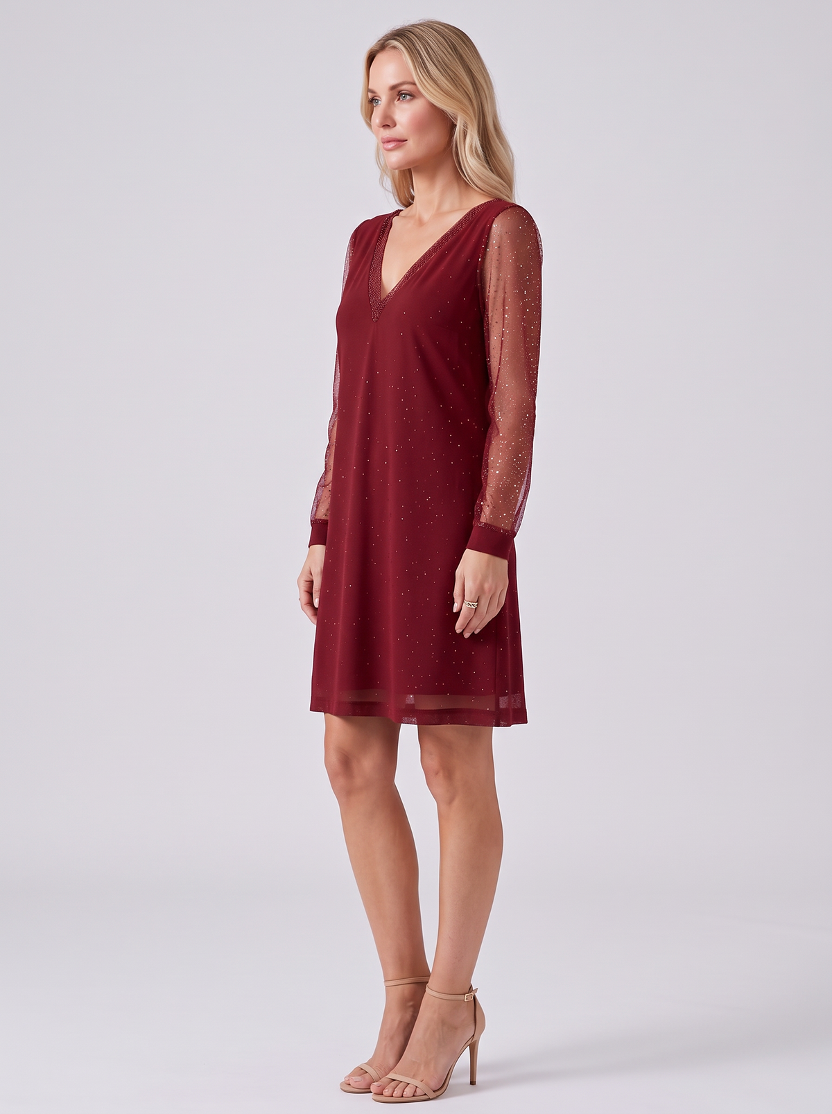 Women's Long Sleeve Glitter Party Dress – Sheer Sleeve V Neck Mini