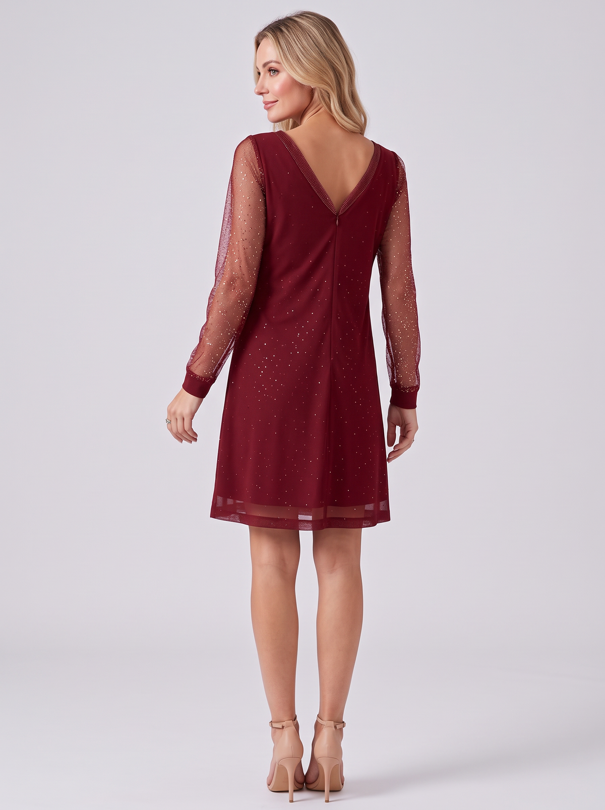 Women's Long Sleeve Glitter Party Dress – Sheer Sleeve V Neck Mini