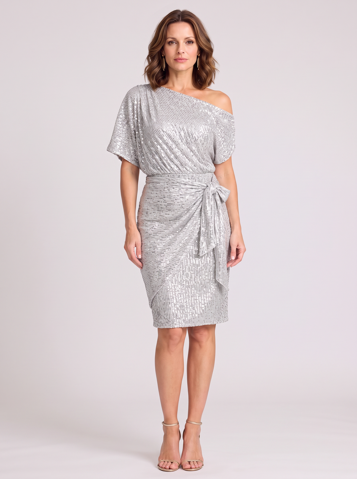 Women's Sparkly Off the Shoulder Wrap Dress – Tie Waist Party Dress