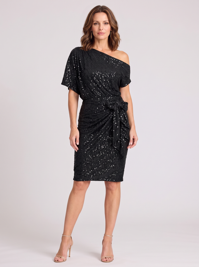 Women's Sparkly Off the Shoulder Wrap Dress – Tie Waist Party Dress
