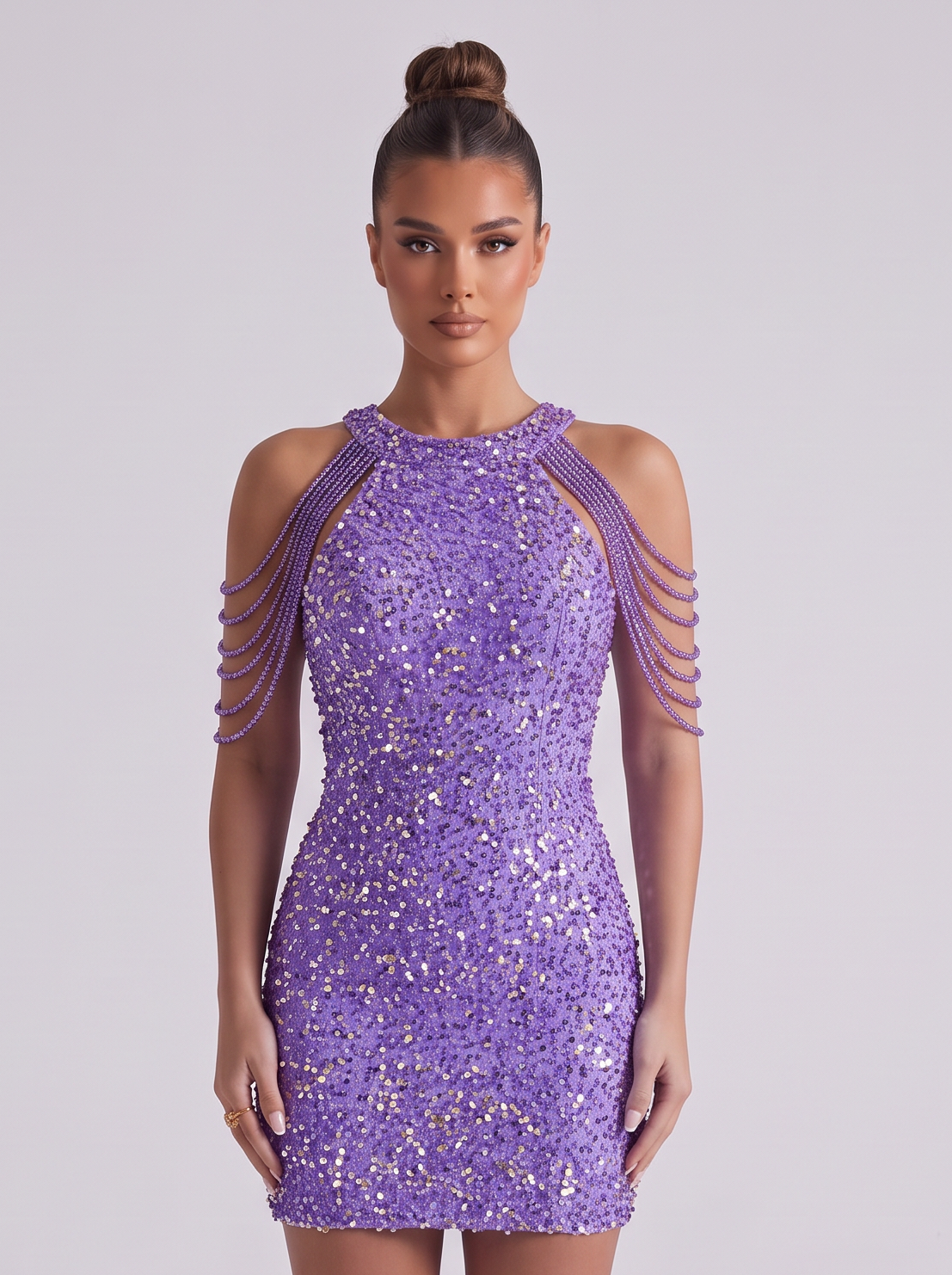 Sequin Bodycon Mini Dress – Draped Chain Shoulder Detail