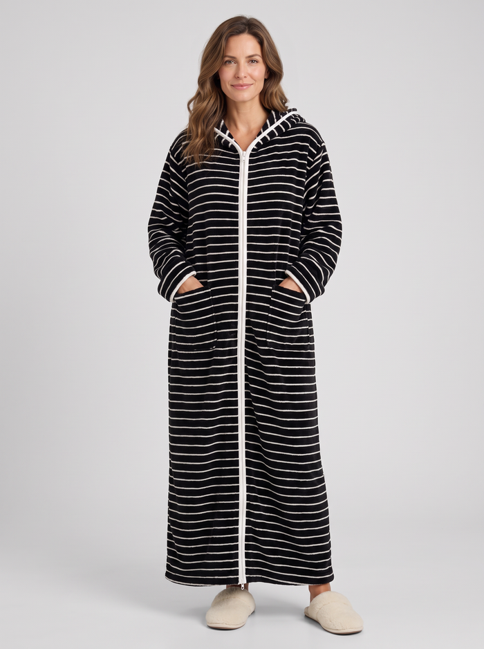 Women's Zip Up Hooded Fleece Robe – Striped Wearable Blanket Dressing Gown