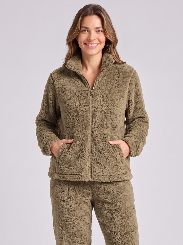 Women's Teddy Fleece Lounge Set – Fluffy Borg Zip Jacket & Joggers