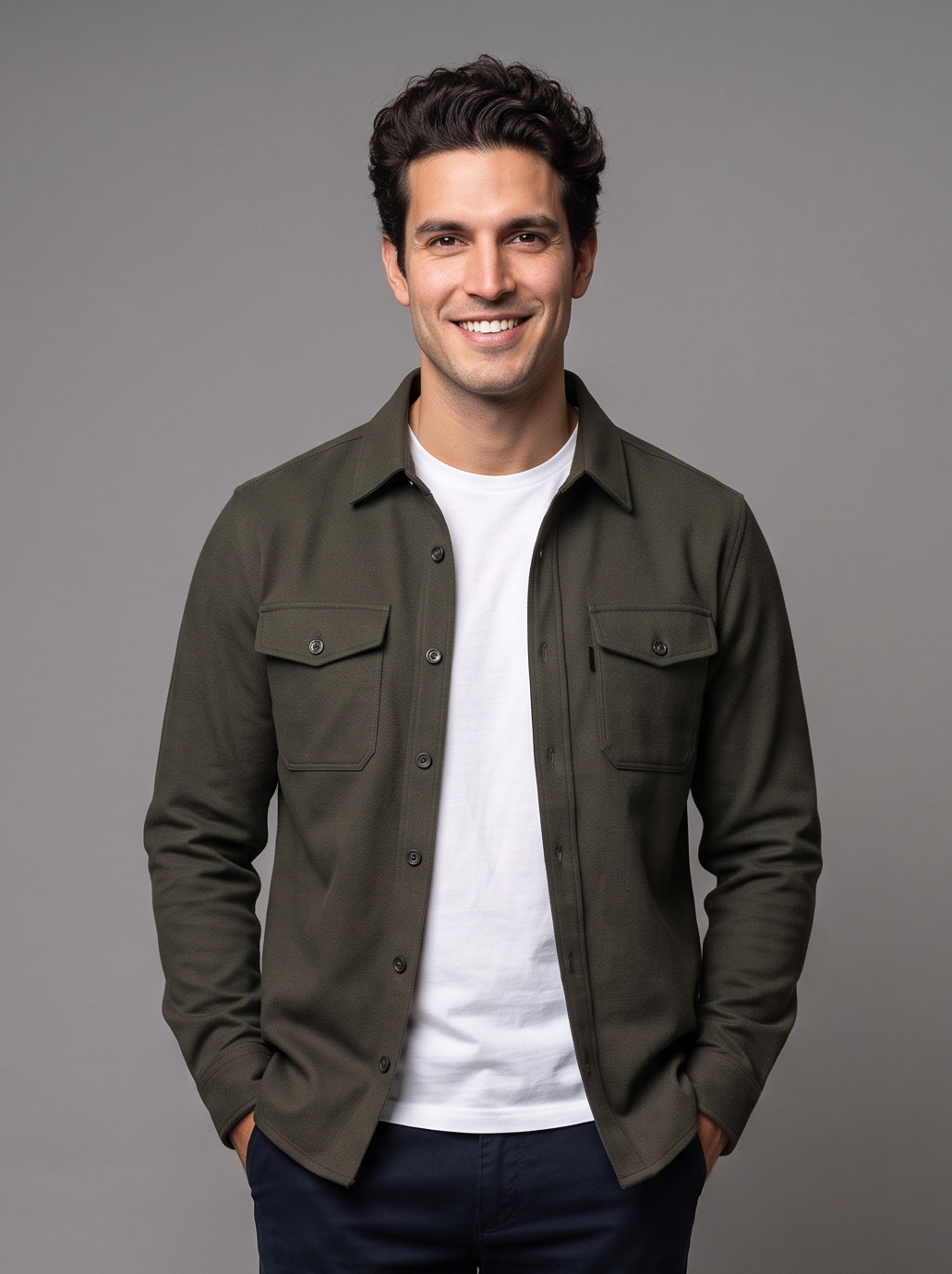 Men's Slim Overshirt – Brushed Shacket with Flap Pockets