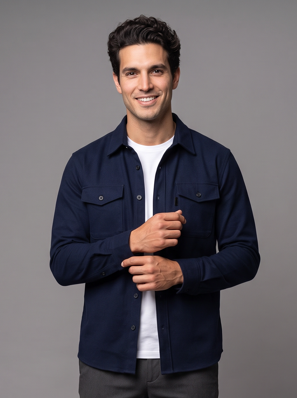 Men's Slim Overshirt – Brushed Shacket with Flap Pockets