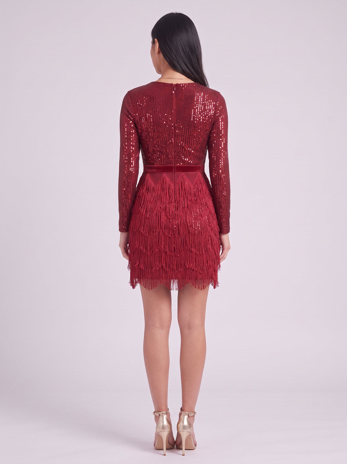 Feather trim sequin party dress back view