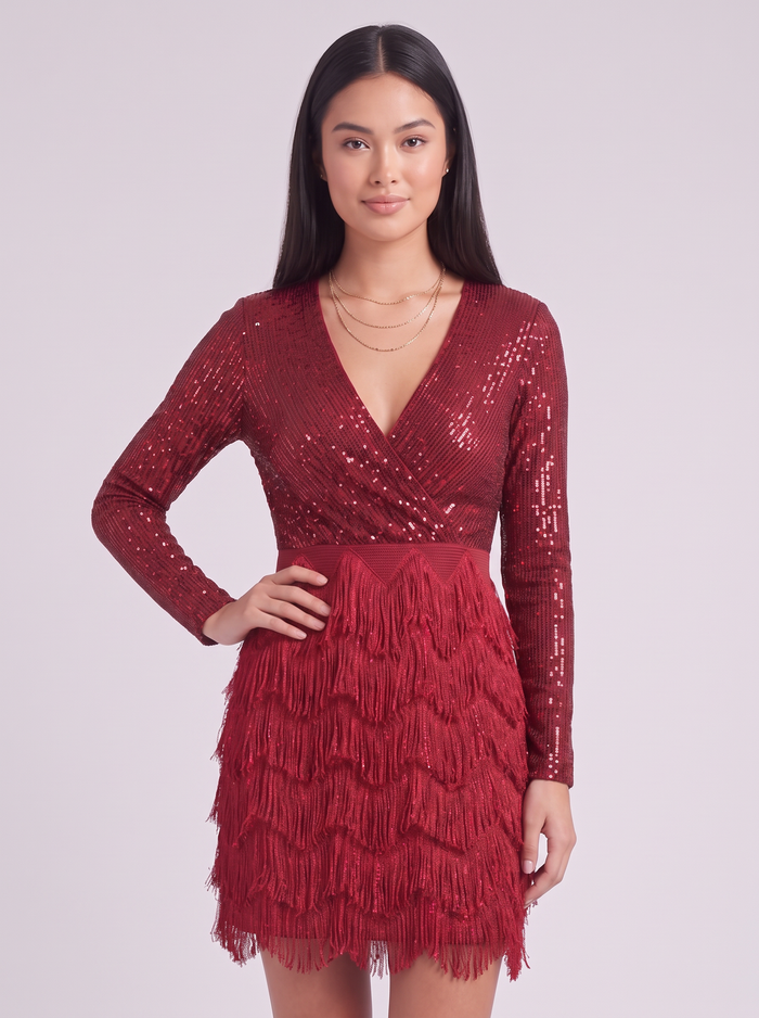 Women's red feather trim sequin party dress