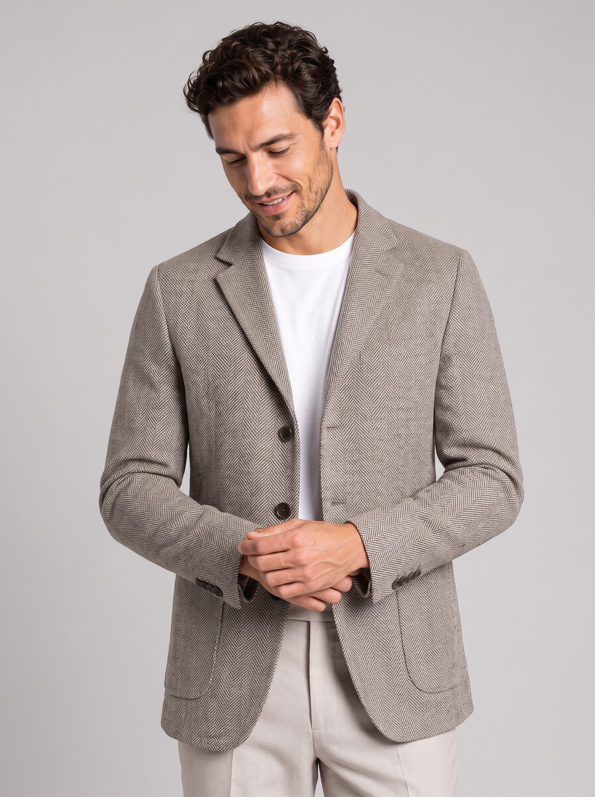 Men's Herringbone Sports Jacket with Patch Pockets