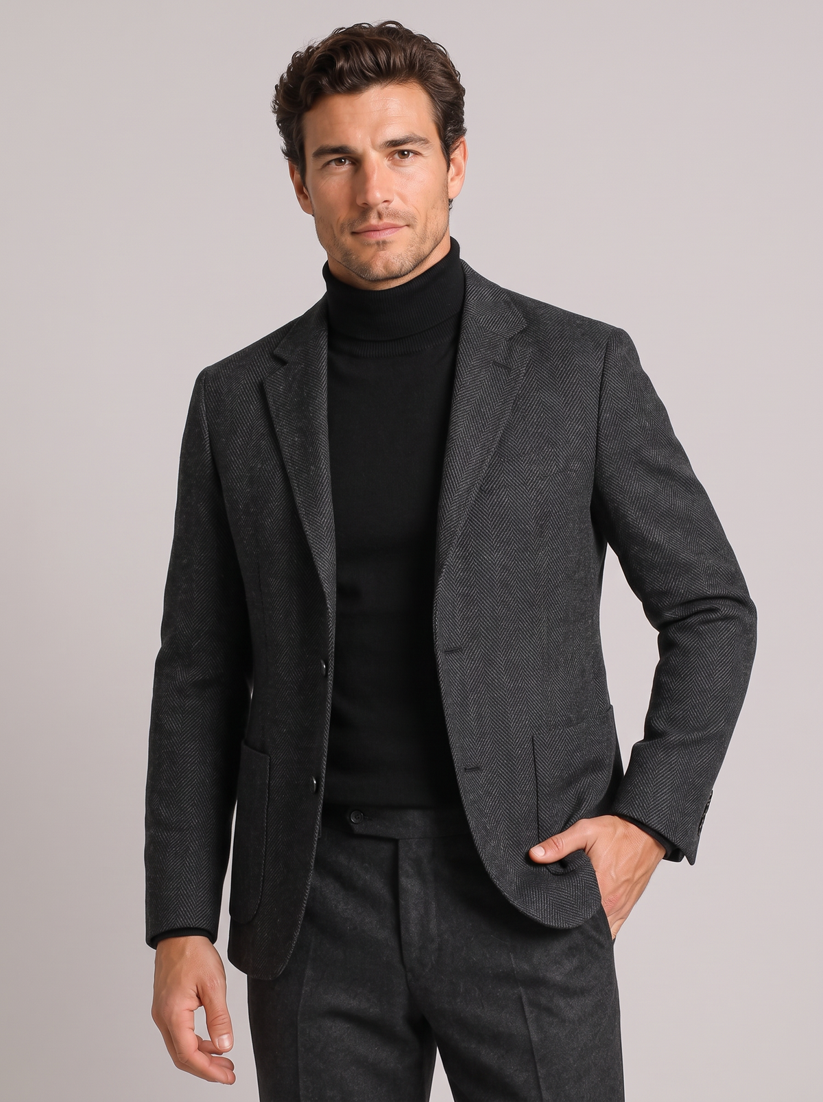Men's Herringbone Sports Jacket with Patch Pockets