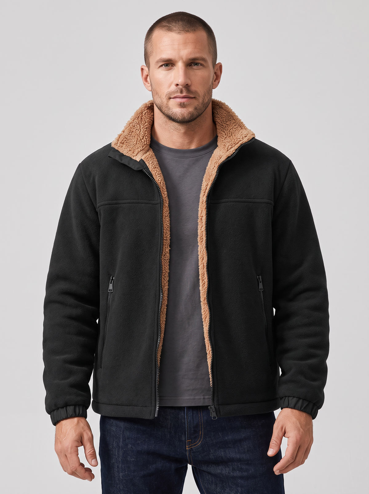 Men's Sherpa Lined Fleece Jacket – Full Zip with High Collar