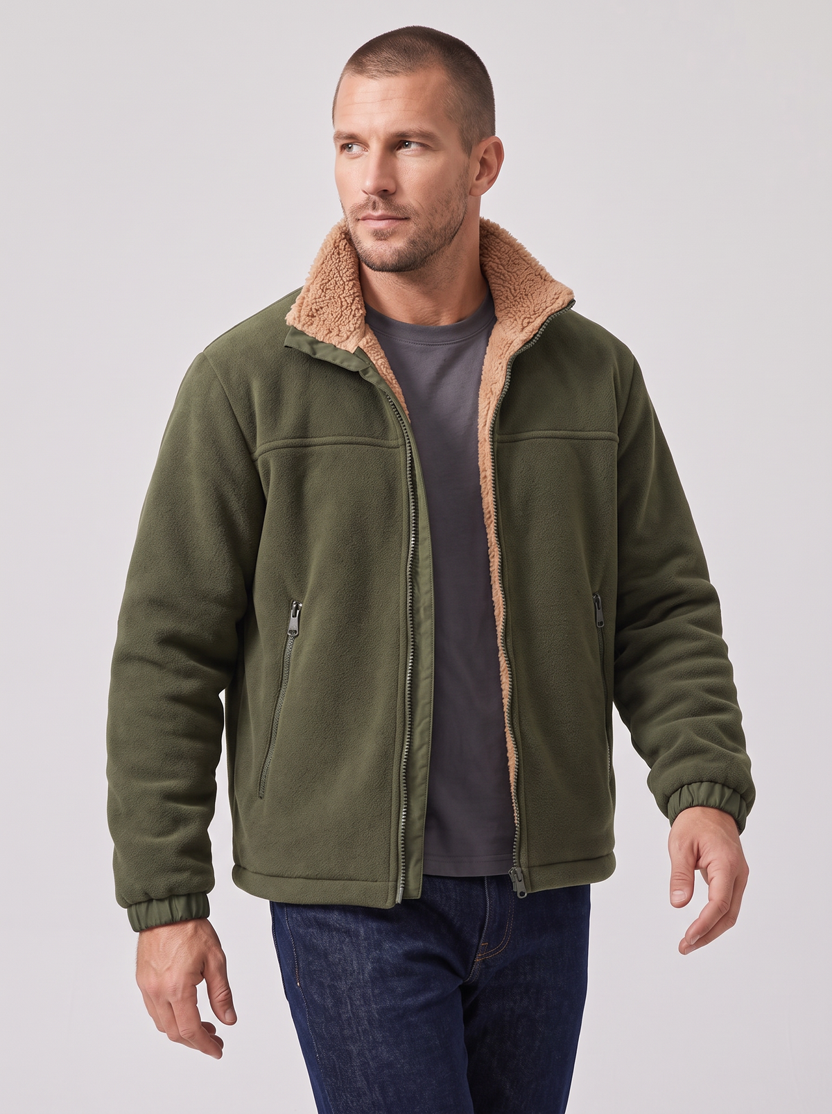 Men's Sherpa Lined Fleece Jacket – Full Zip with High Collar