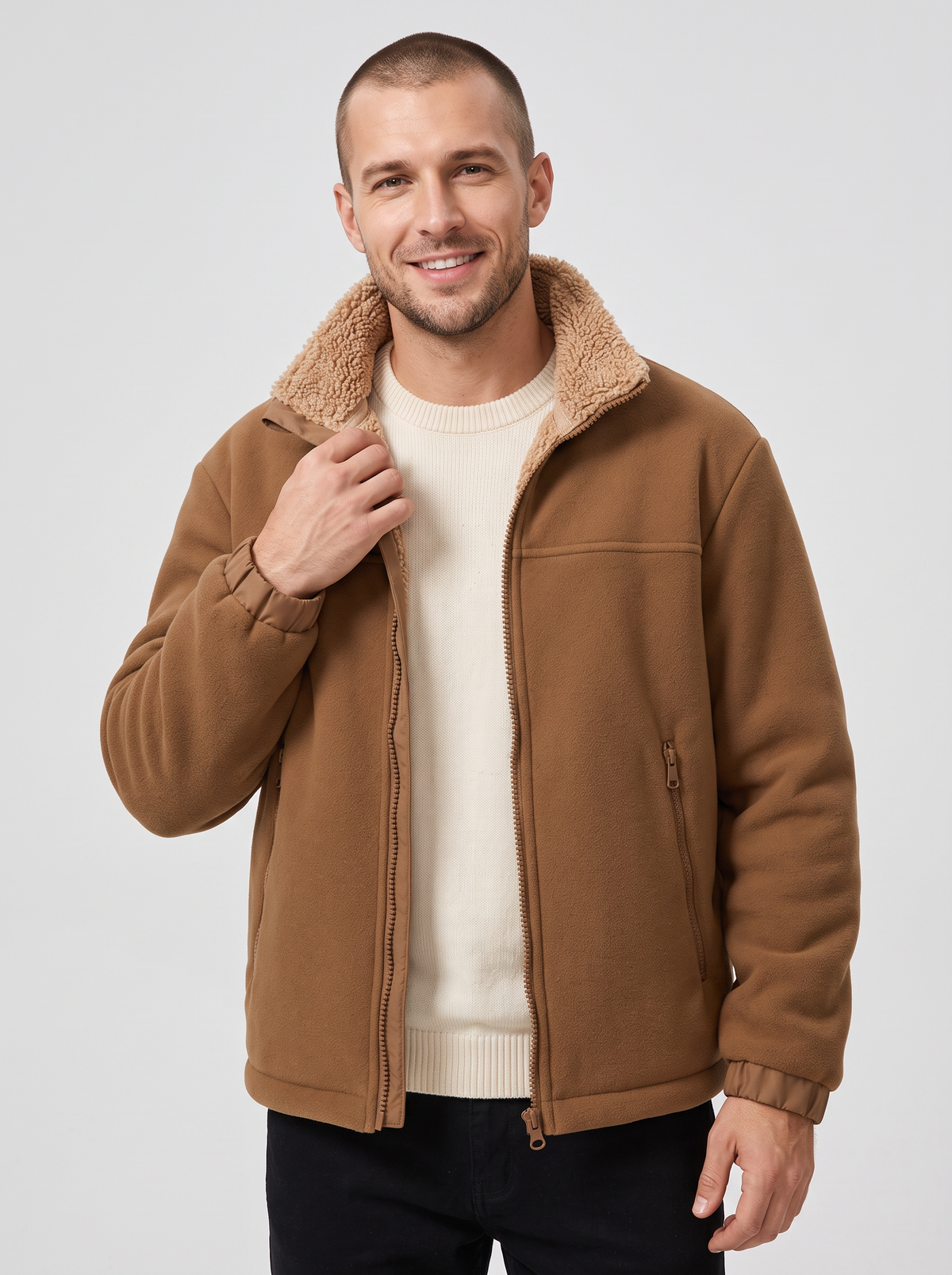 Men's Sherpa Lined Fleece Jacket – Full Zip with High Collar