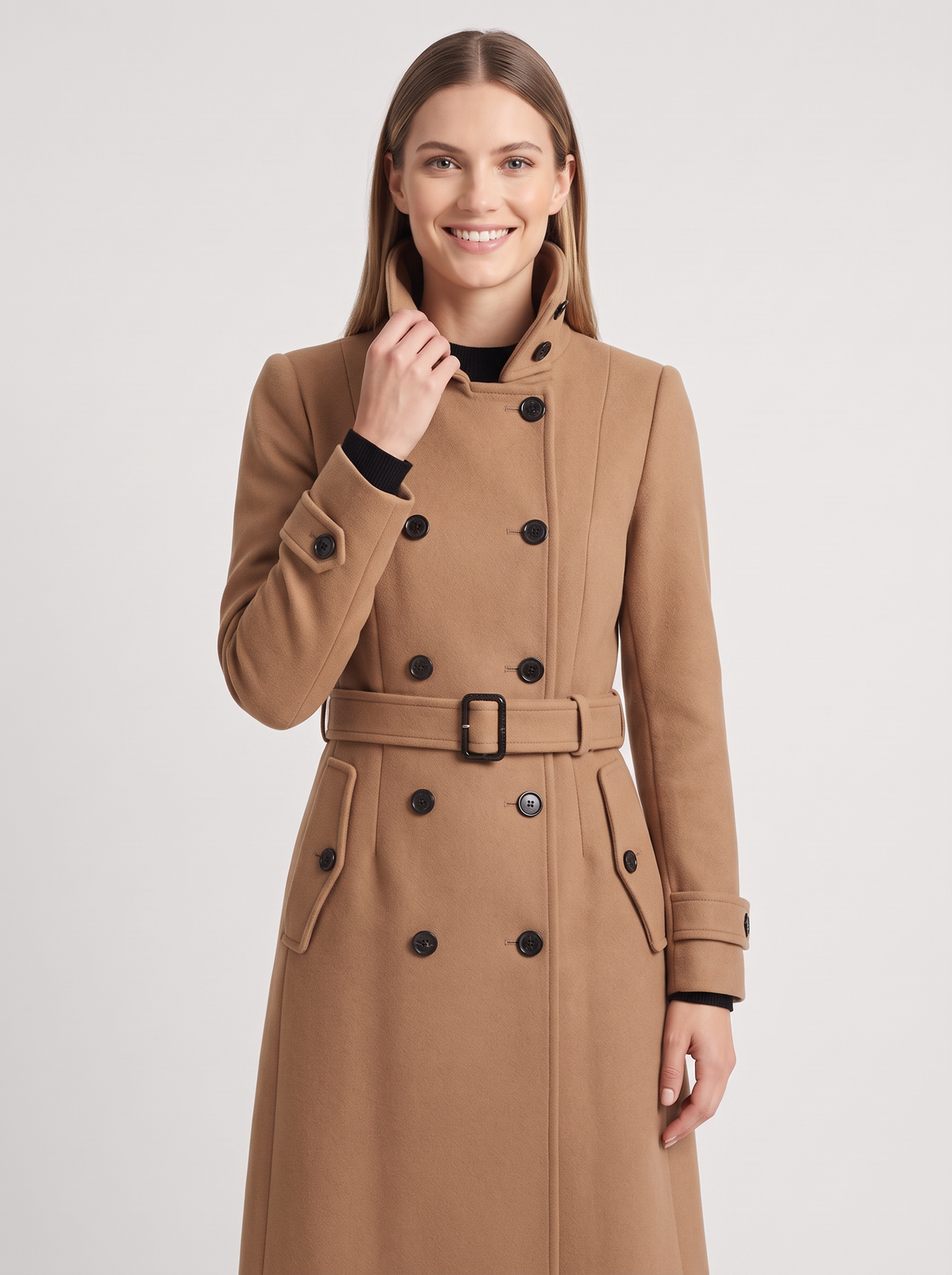 Women's Double-Breasted Winter Coat – High Collar Wool Blend