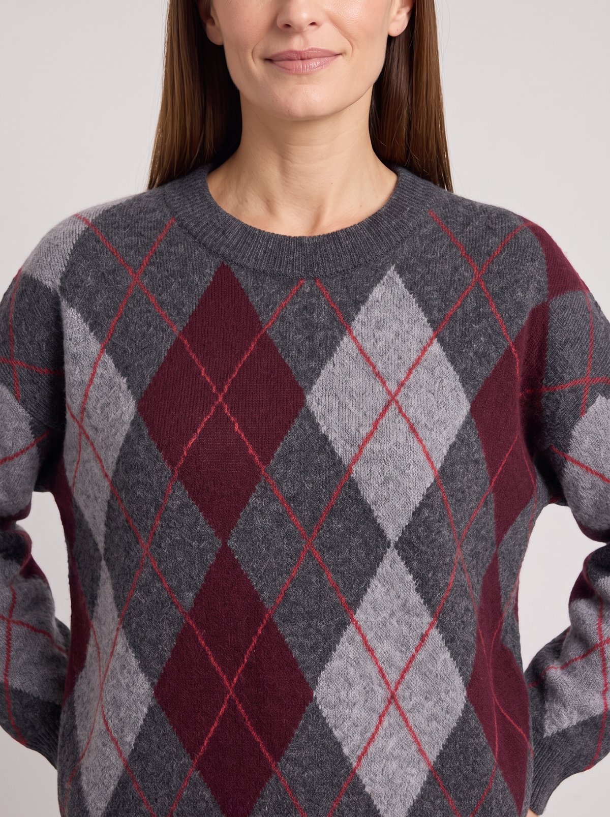 Women's Argyle Sweater – Relaxed Crew Neck Knit