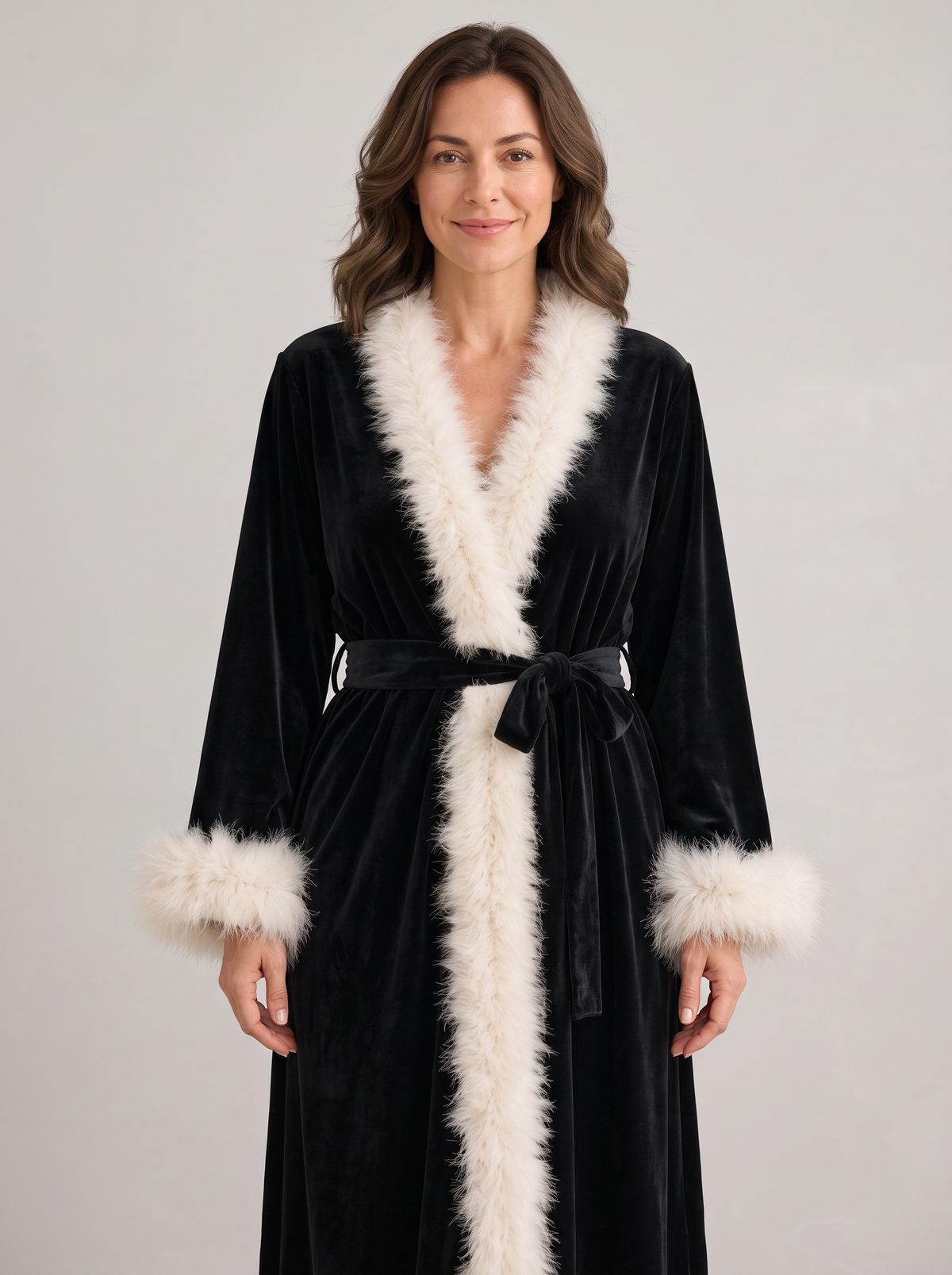 Women's Velvet Robe – Feather Trim Wrap Dressing Gown