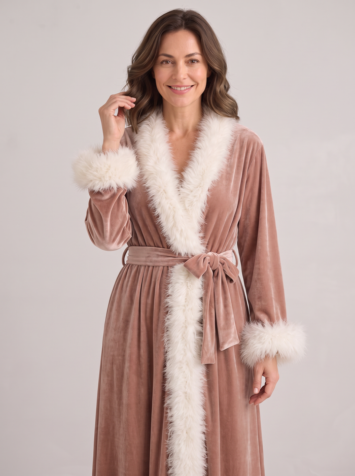 Women's Velvet Robe – Feather Trim Wrap Dressing Gown