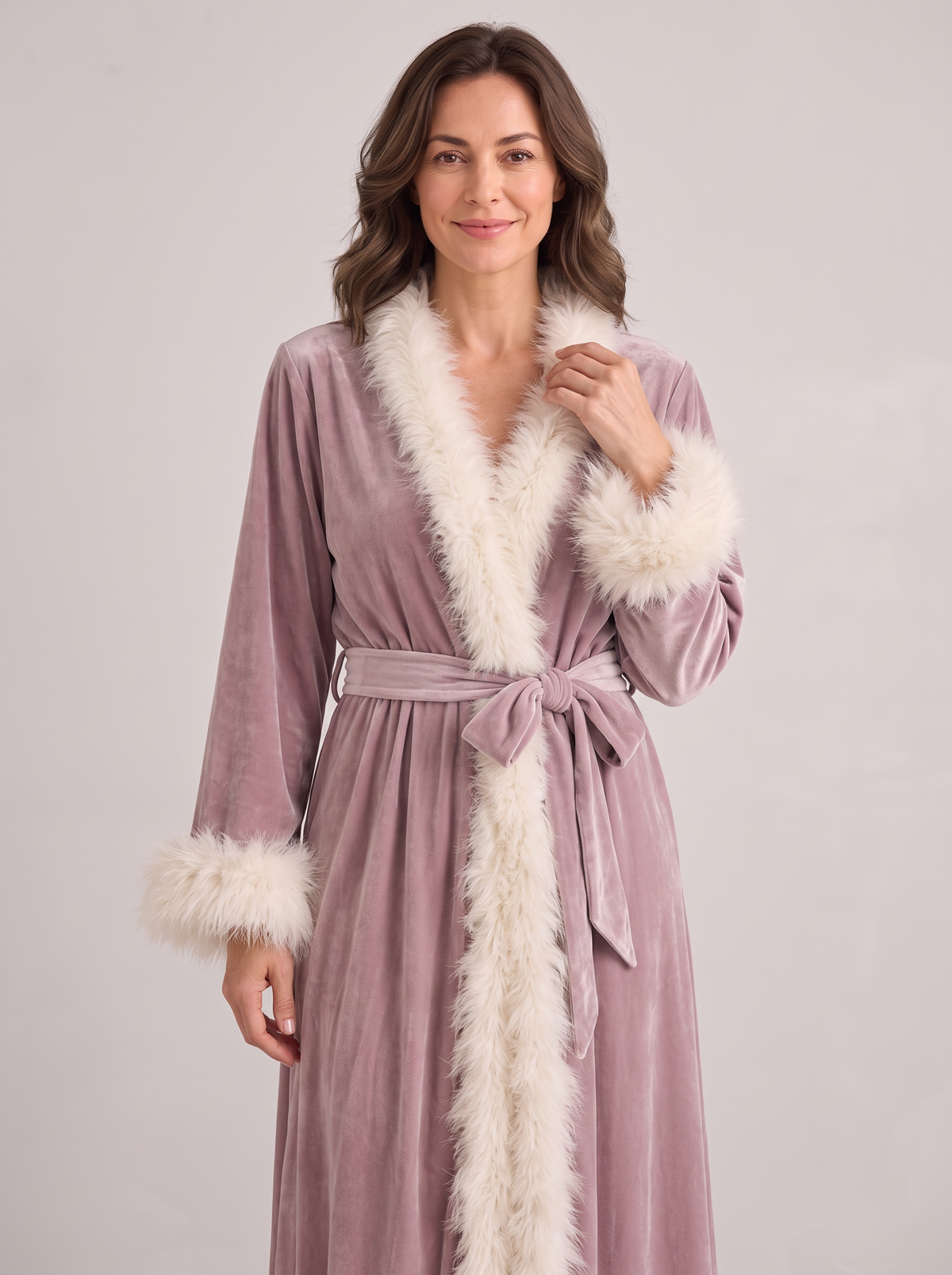 Women's Velvet Robe – Feather Trim Wrap Dressing Gown