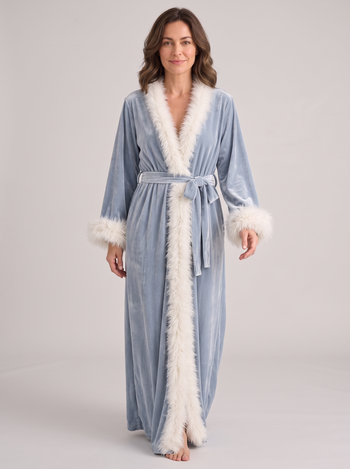 Women's Velvet Robe – Feather Trim Wrap Dressing Gown
