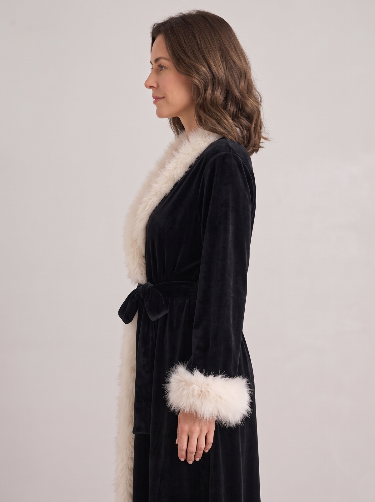 Women's Velvet Robe – Feather Trim Wrap Dressing Gown