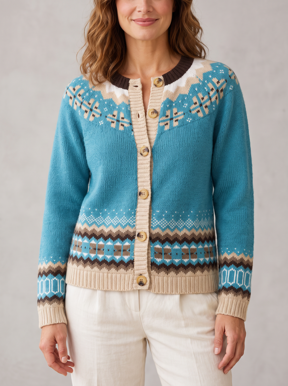 Women's Fair Isle Knit Cardigan – Teal Nordic Button-Up
