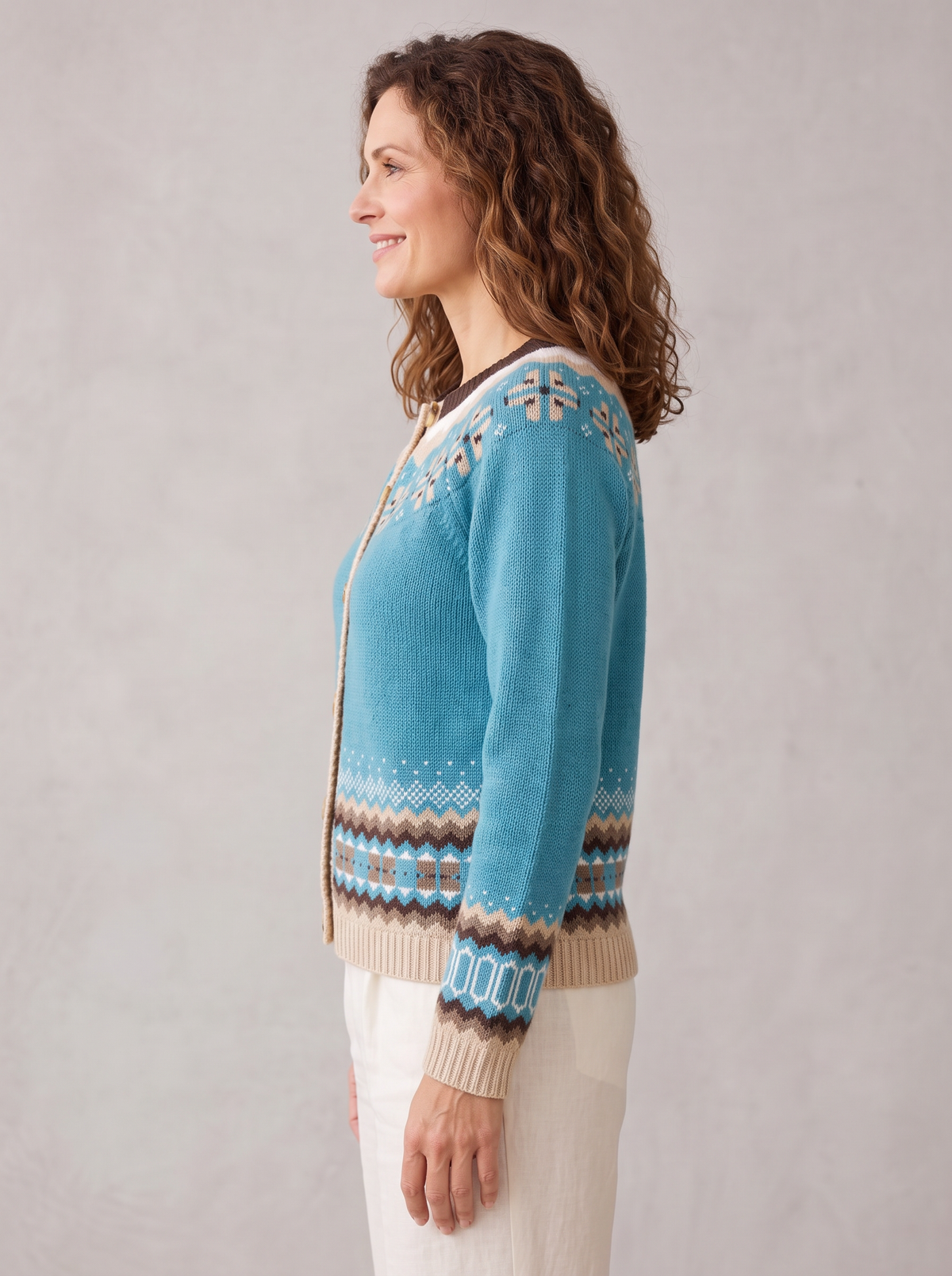 Women's Fair Isle Knit Cardigan – Teal Nordic Button-Up